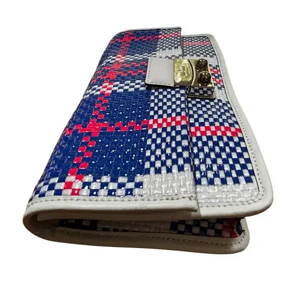 Kate spade clutch purse with dustbag blue white pink woven plaid front flap chic